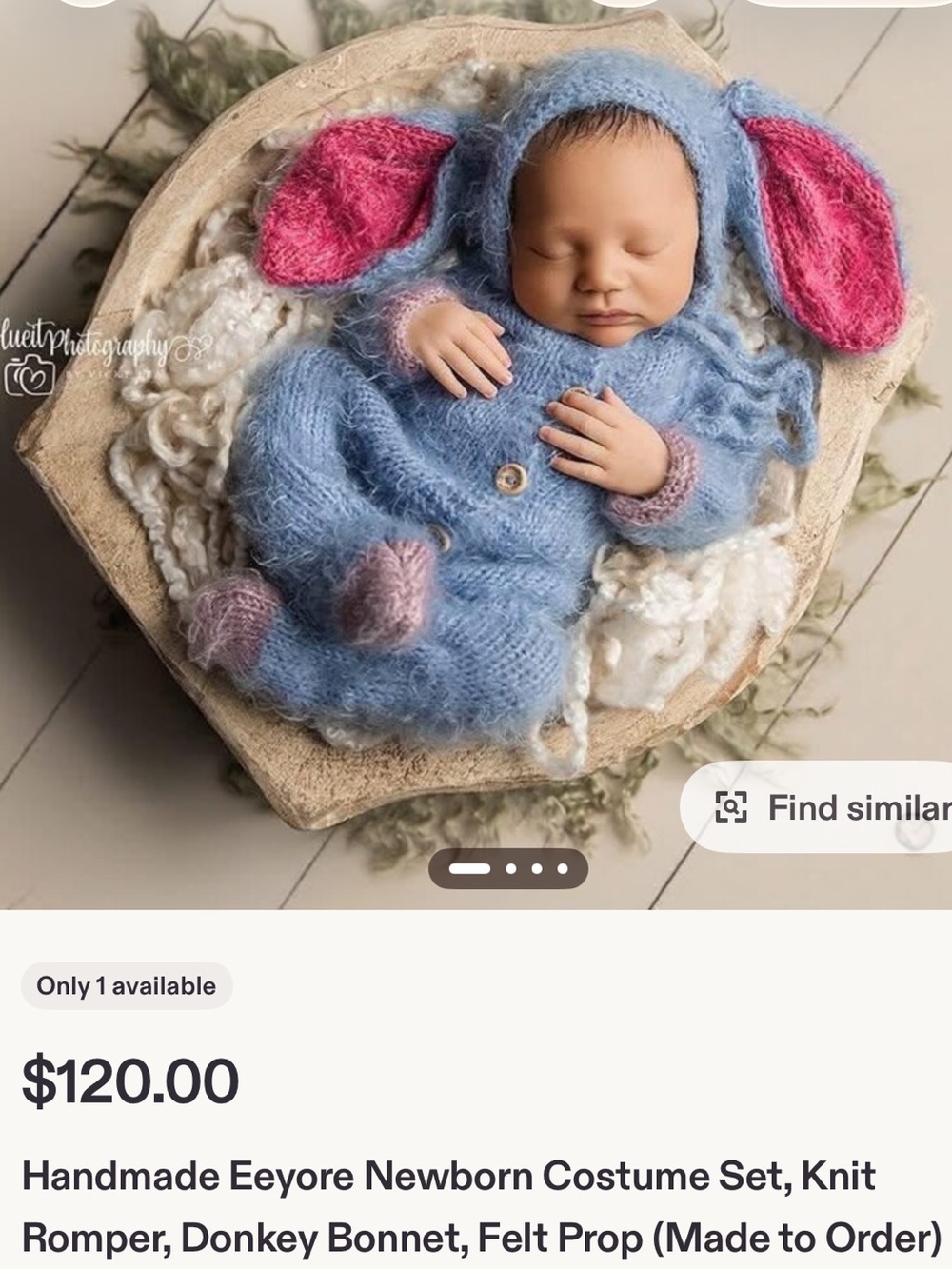 Handmade Eeyore Newborn Costume Never Worn